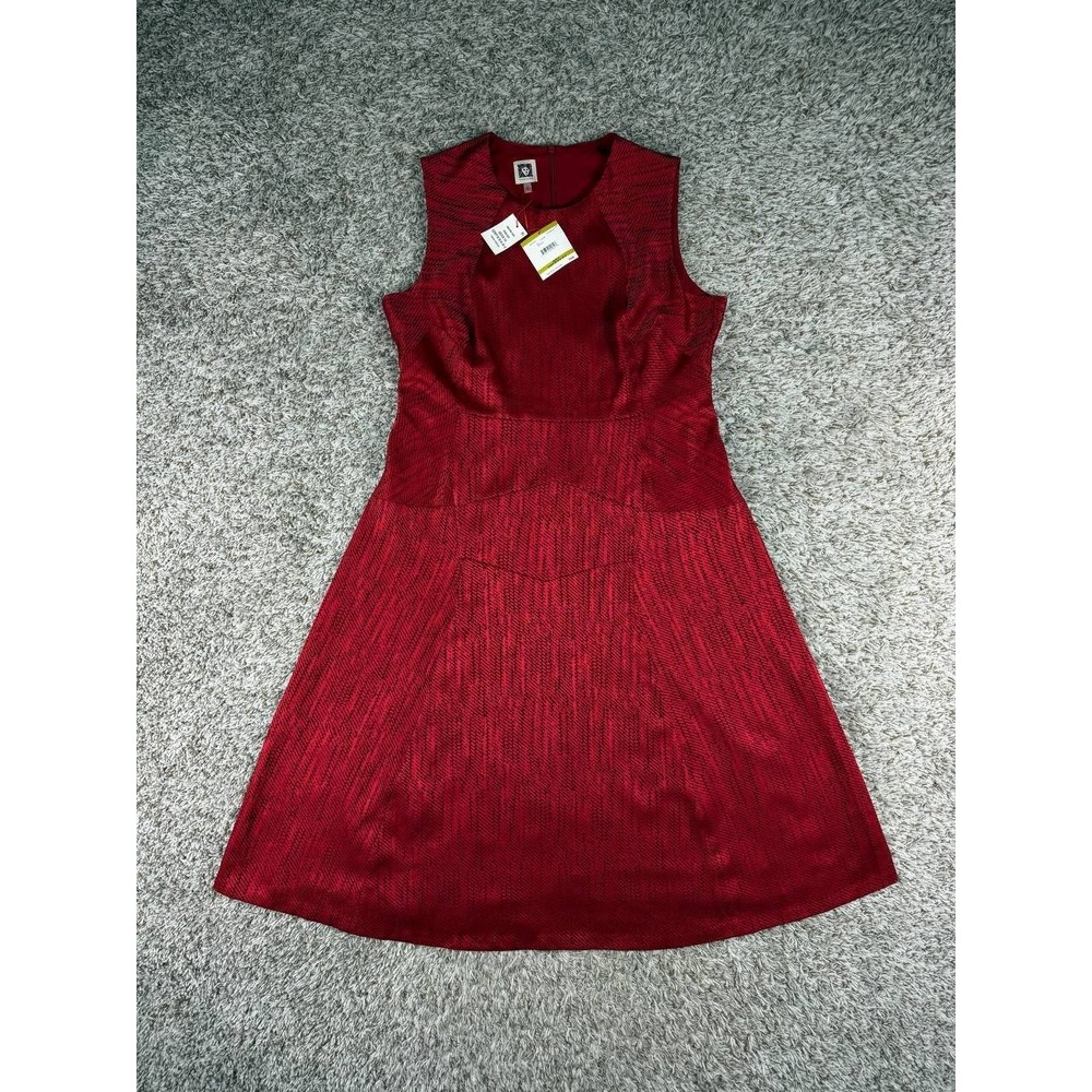 Anne Klein Women's Sleeveless Fit & Flare Jacquard Dress Red Black Size 14 NWT